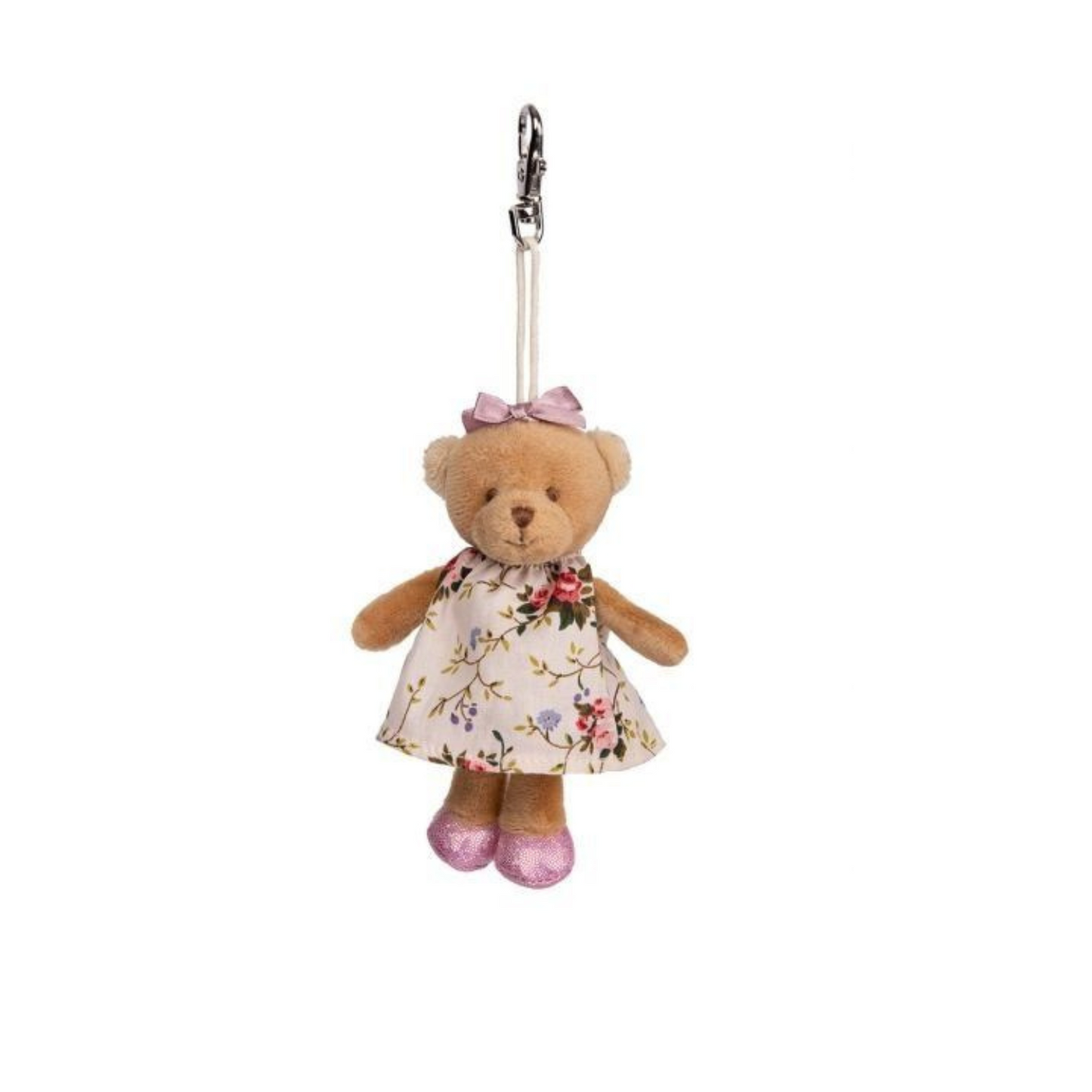 Teddy bear bag charm with floral dress, purple bow and keyring loop