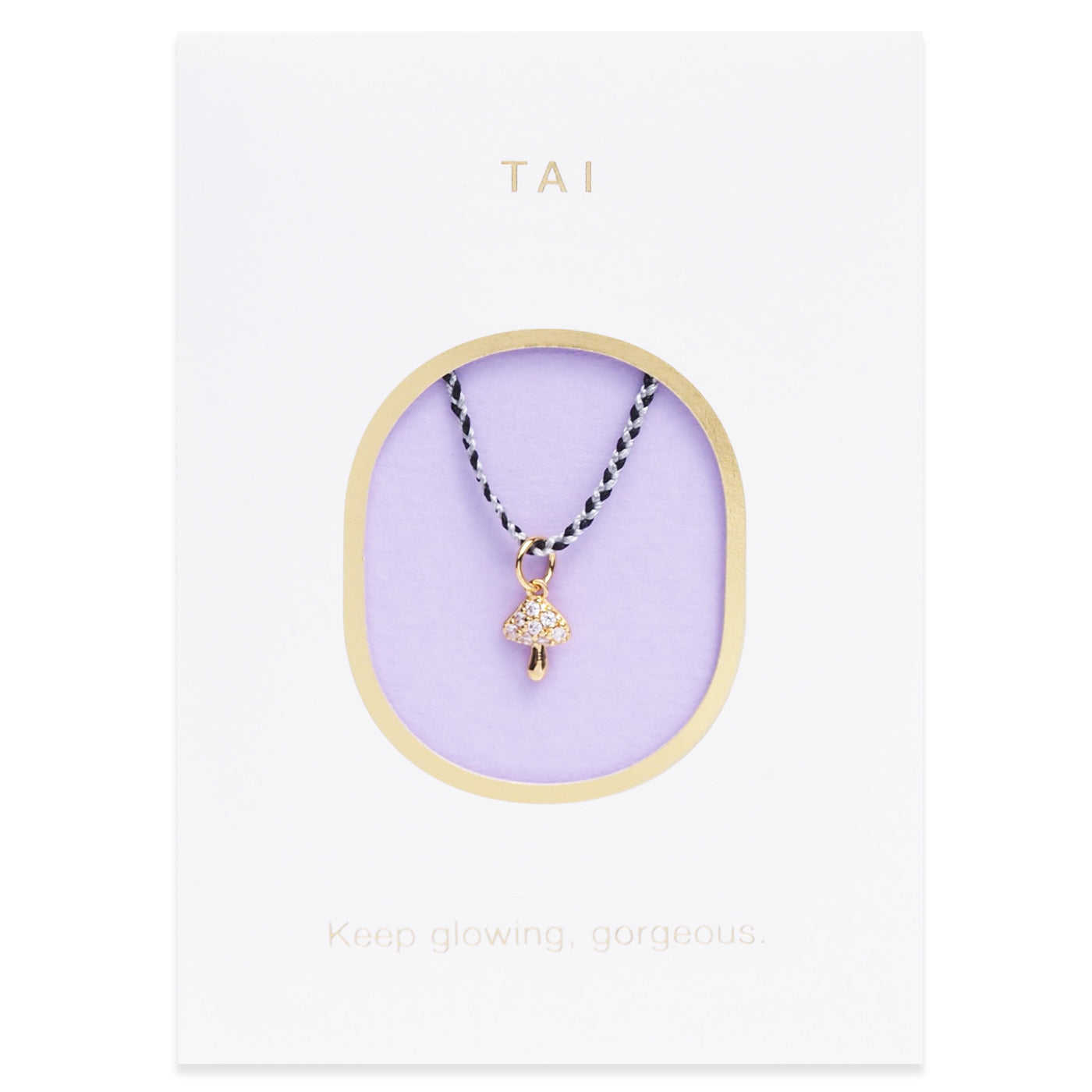 Mushroom charm cord necklace, gold-tone pendant with dark braided cord loop