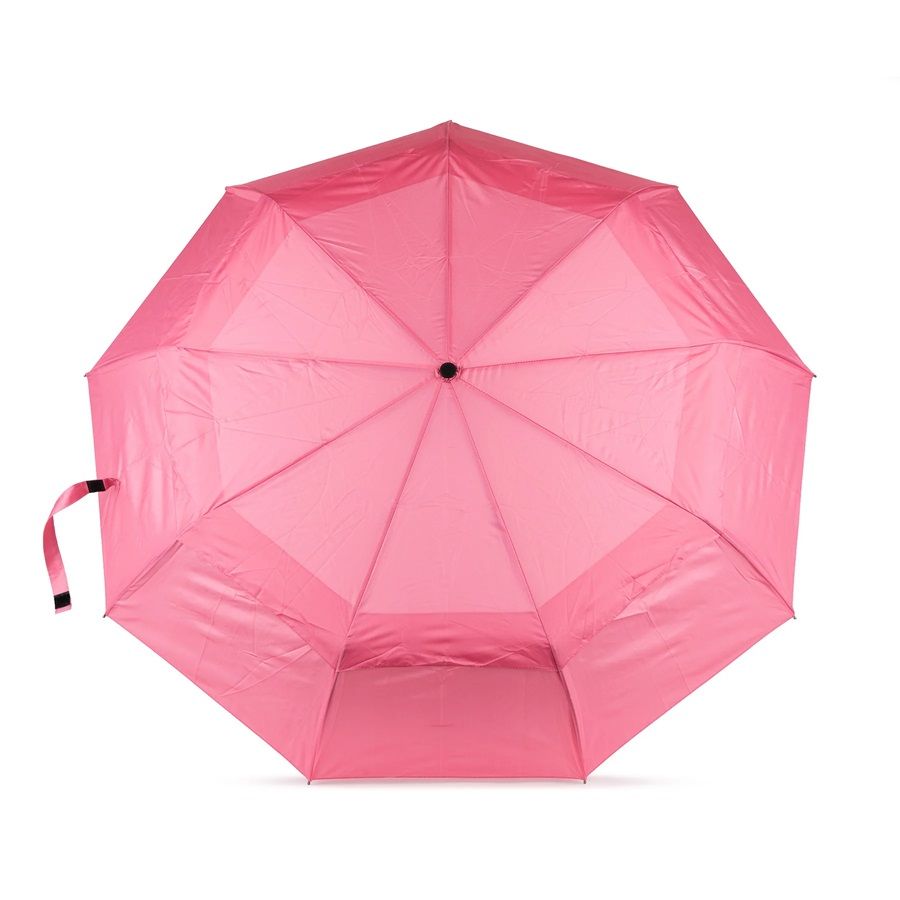 Pink recycled-nylon umbrella with button center and fabric carry strap