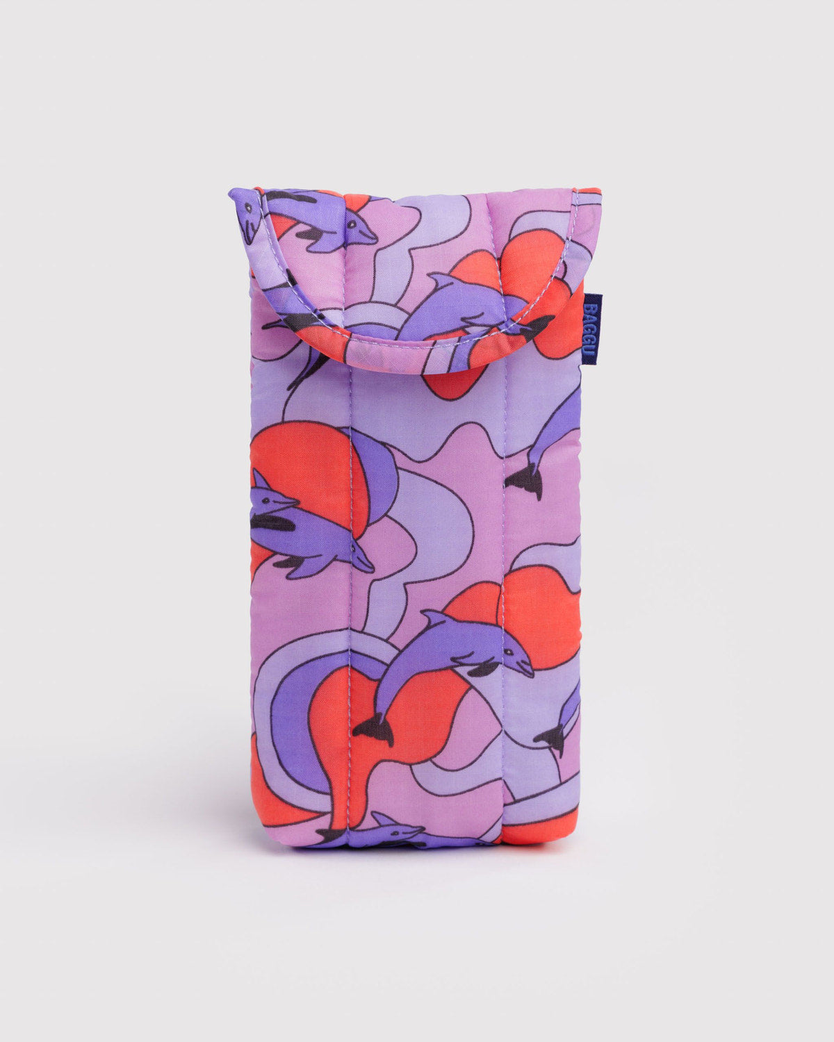 Puffy glasses sleeve in purple with bright dolphin pattern