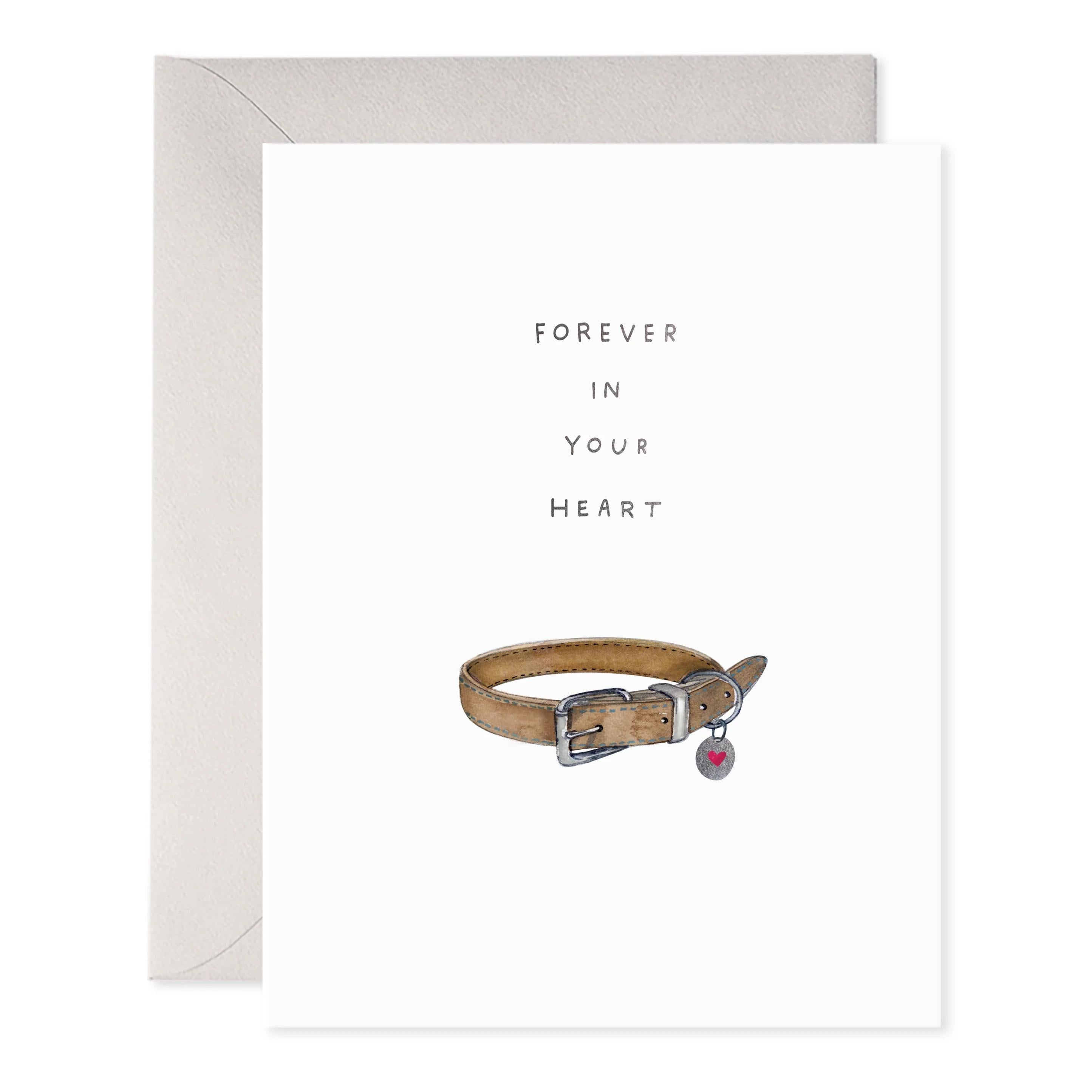 Sympathy greeting card with pet collar illustration, 'Forever in your heart' and envelope