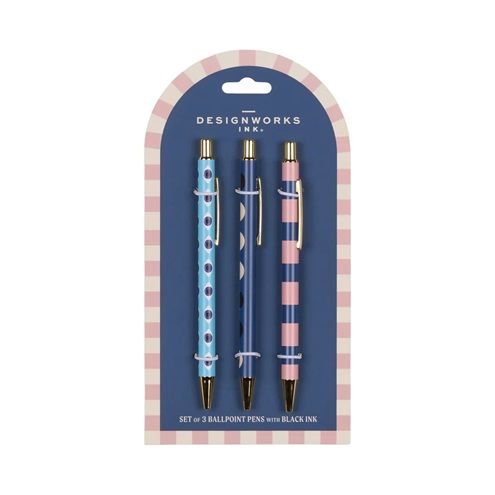 Ballpoint pen set of 3 in blue and pink with eye, moon, and stripe designs