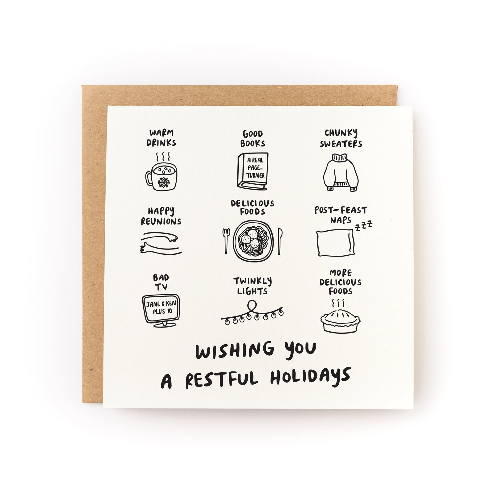 Restful Holidays greeting card with doodle food icons and 'Wishing you a restful holidays'