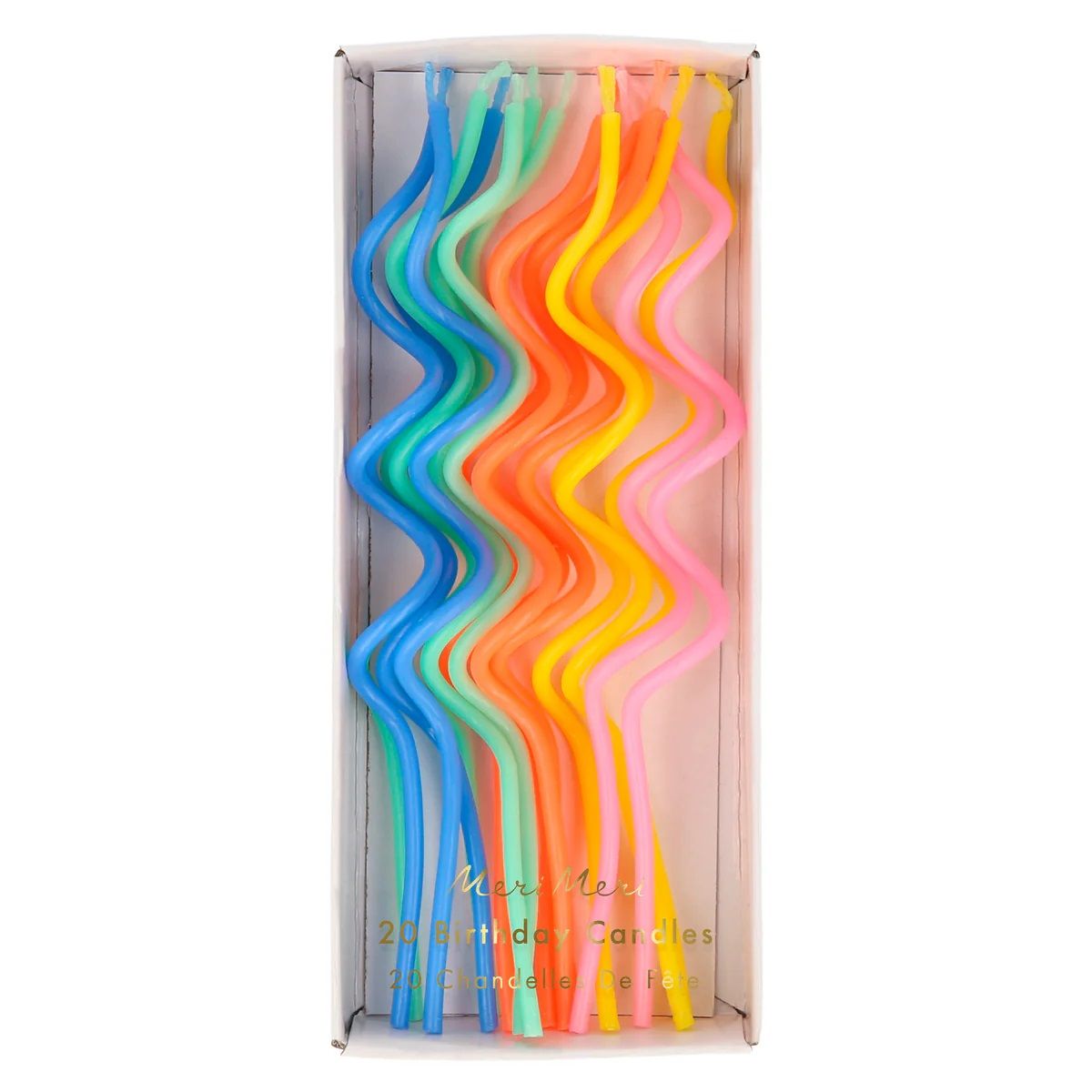 Boxed set of 20 swirly party candles in blue, green, yellow, orange, pink