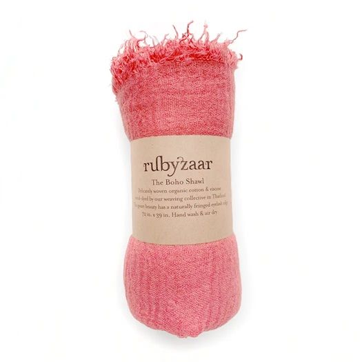 Boho shawl in salmon-pink with fringed ends, folded bundle with rubyzaar label