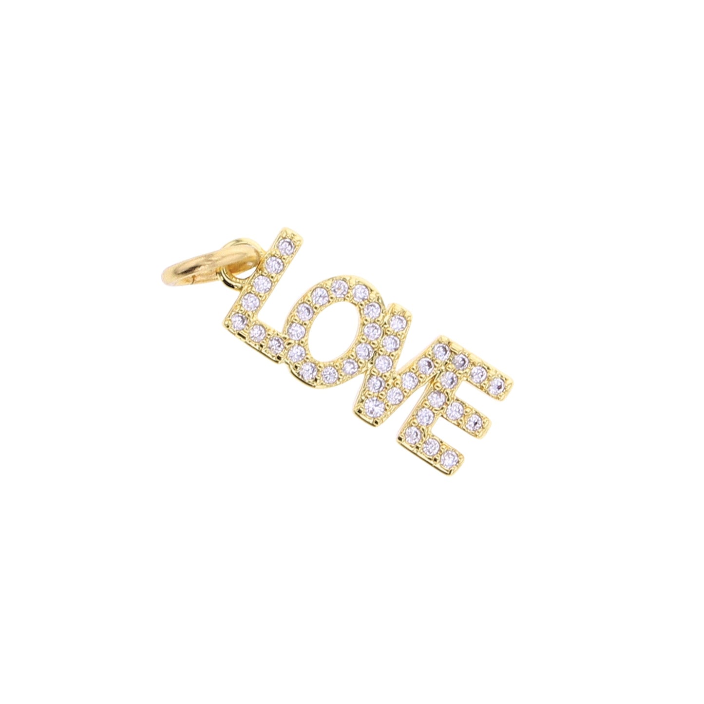 Gold-tone LOVE charm with clear CZ letter stones and loop bail