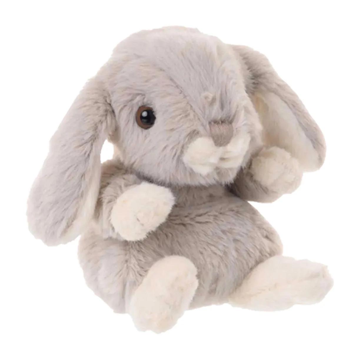 Light gray plush bunny with long ears, sitting pose, soft fabric and round eyes