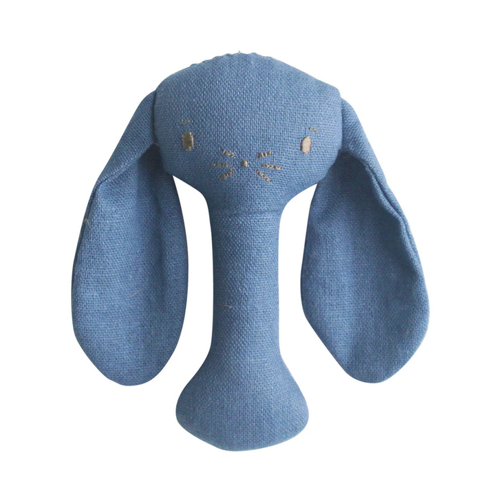 Chambray linen bunny stick rattle toy, blue fabric with long floppy ears