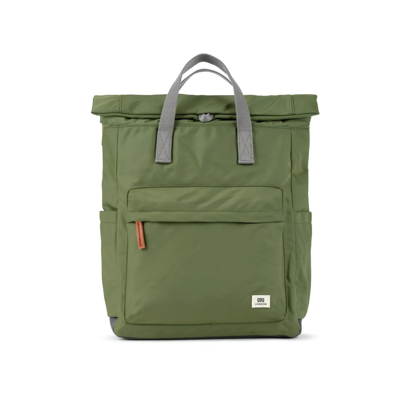 Large recycled nylon backpack in avocado green, gray top handles and front pocket