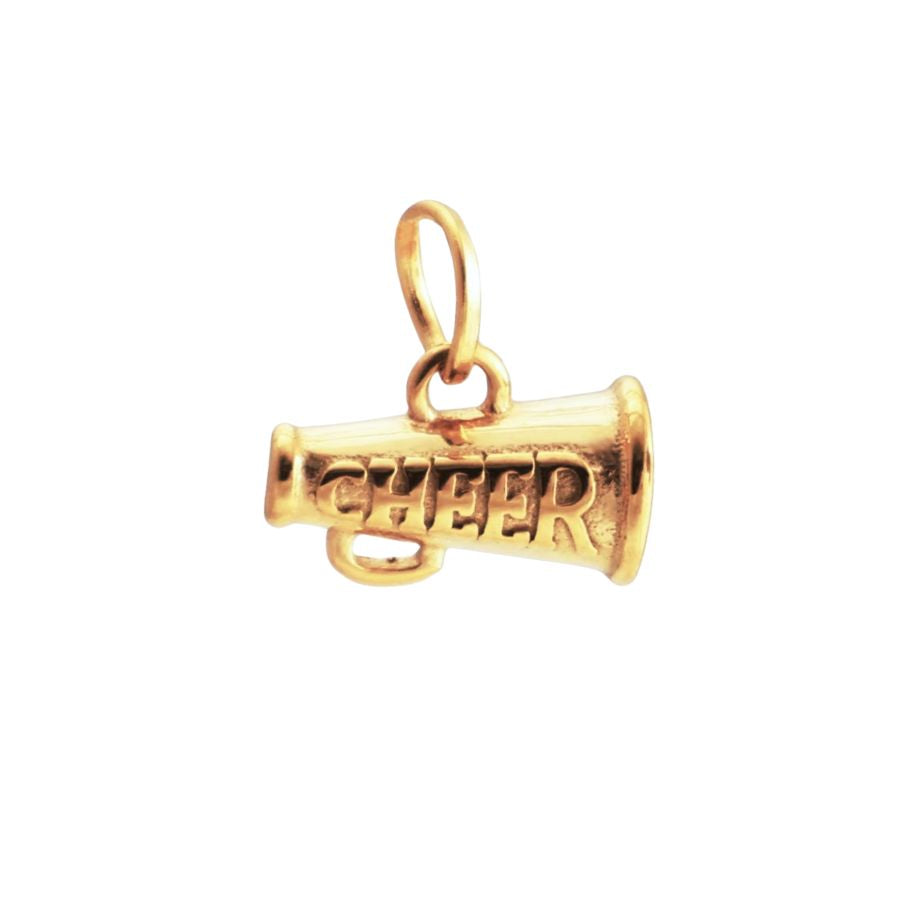 Gold cheer charm featuring a megaphone shape with engraved “CHEER” and hanging loop.