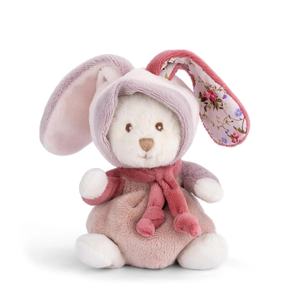 Ziggy Bibi plush bunny in pink, floral inner ears, sitting with small paw detail