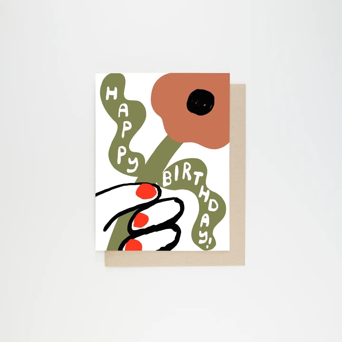 Birthday flower card with green stems, red petals, and “Happy Birthday” text