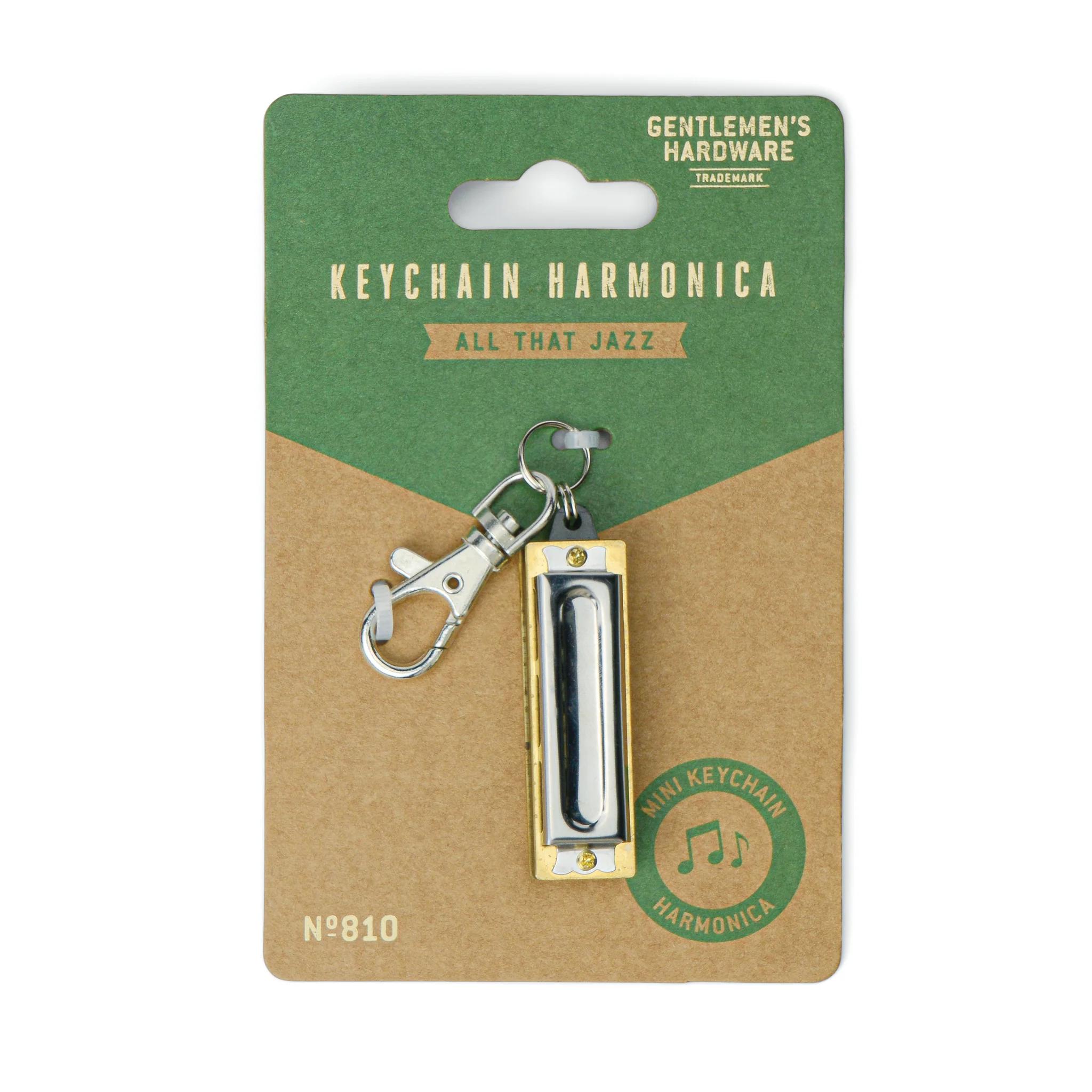 Mini harmonica keychain with silver harmonica and metal keyring clip