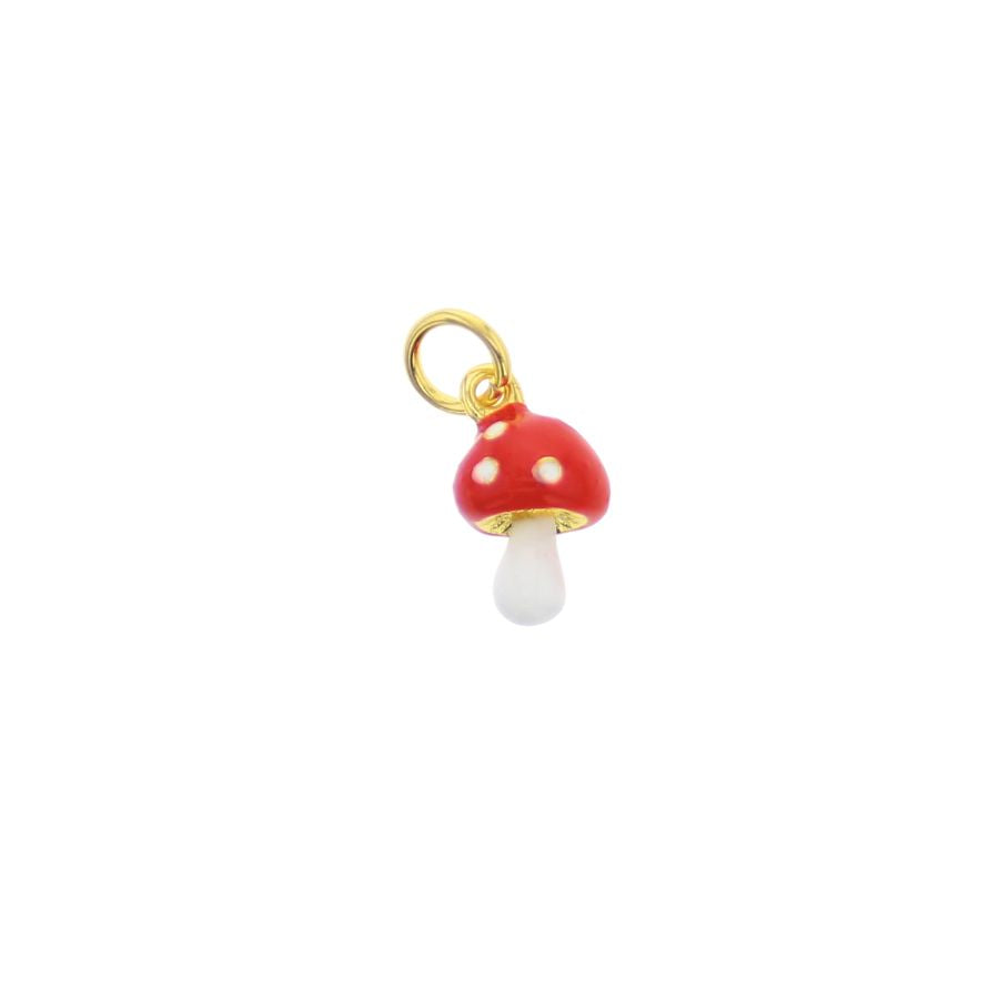 Gold loop mushroom charm with red cap, white spots, and a white stem
