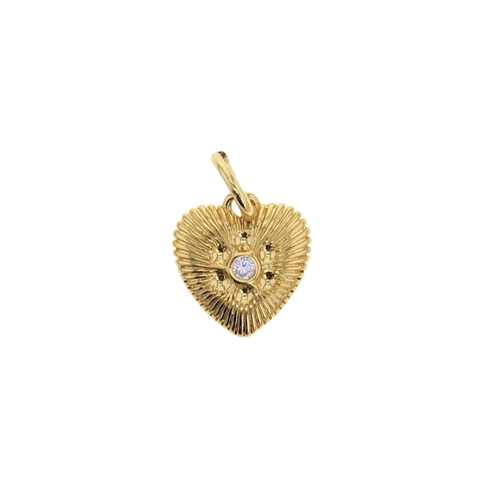 Gold heart charm pendant with textured rays and round CZ center, top loop bail