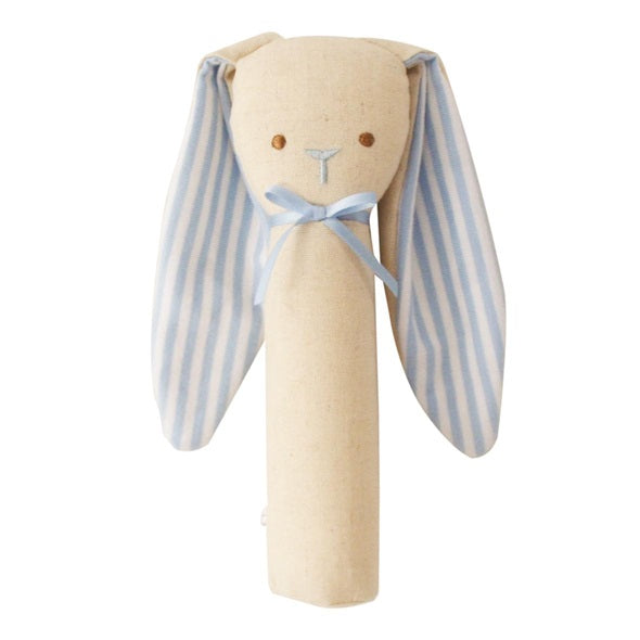 Beige linen bunny rattle with blue striped long ears and small bow
