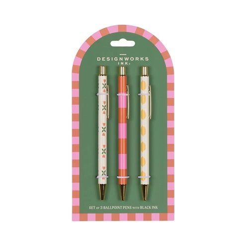 Designworks Ink ballpoint pen set of 3 with black ink: flower, stripe, lemon designs
