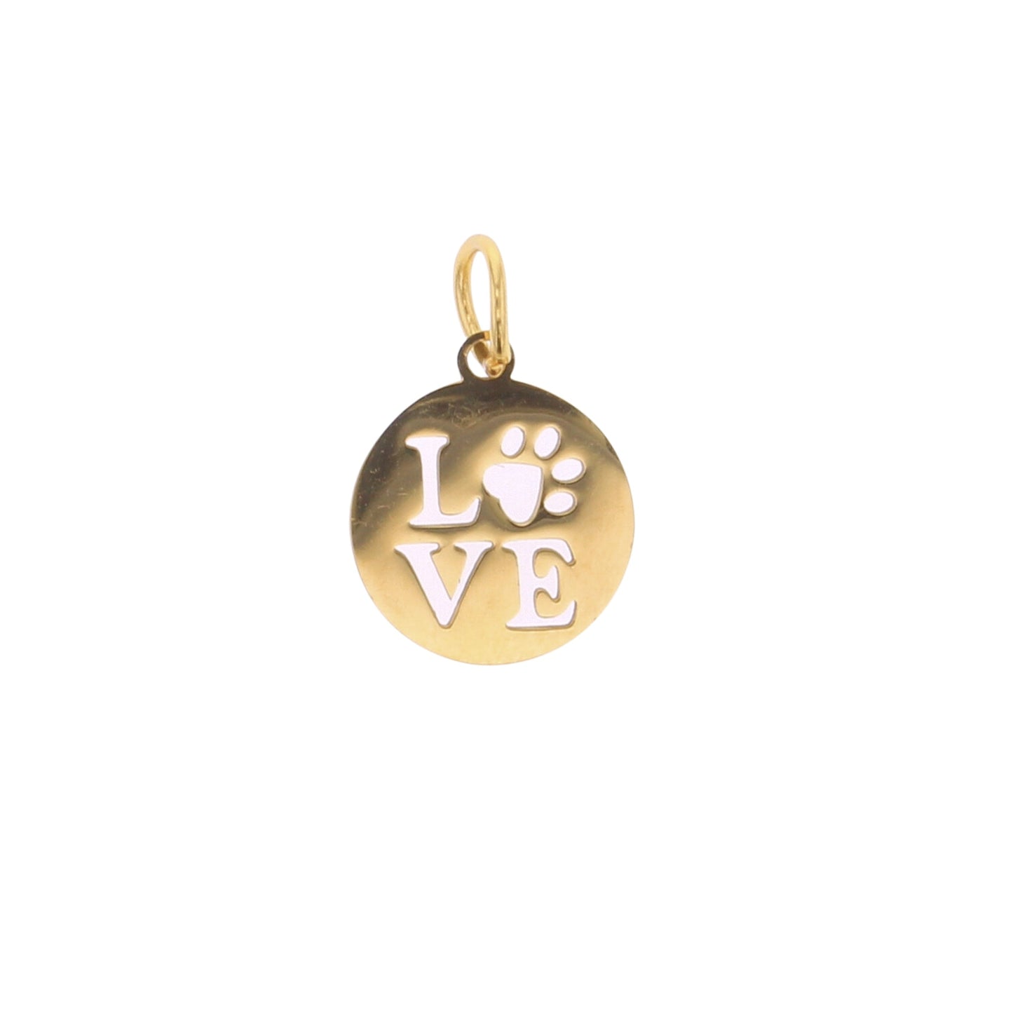 Round gold-tone charm with paw print and LOVE lettering, with top loop