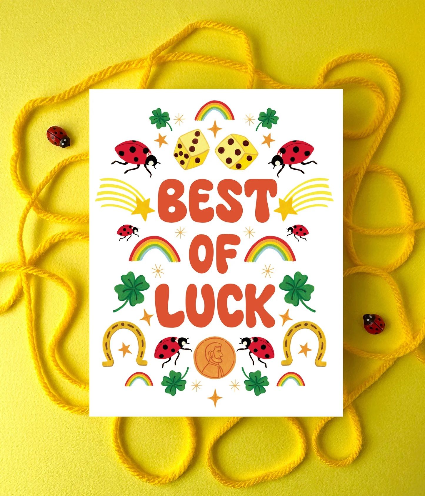 Lucky Charms good luck greeting card, 'Best of Luck' with rainbows and ladybugs