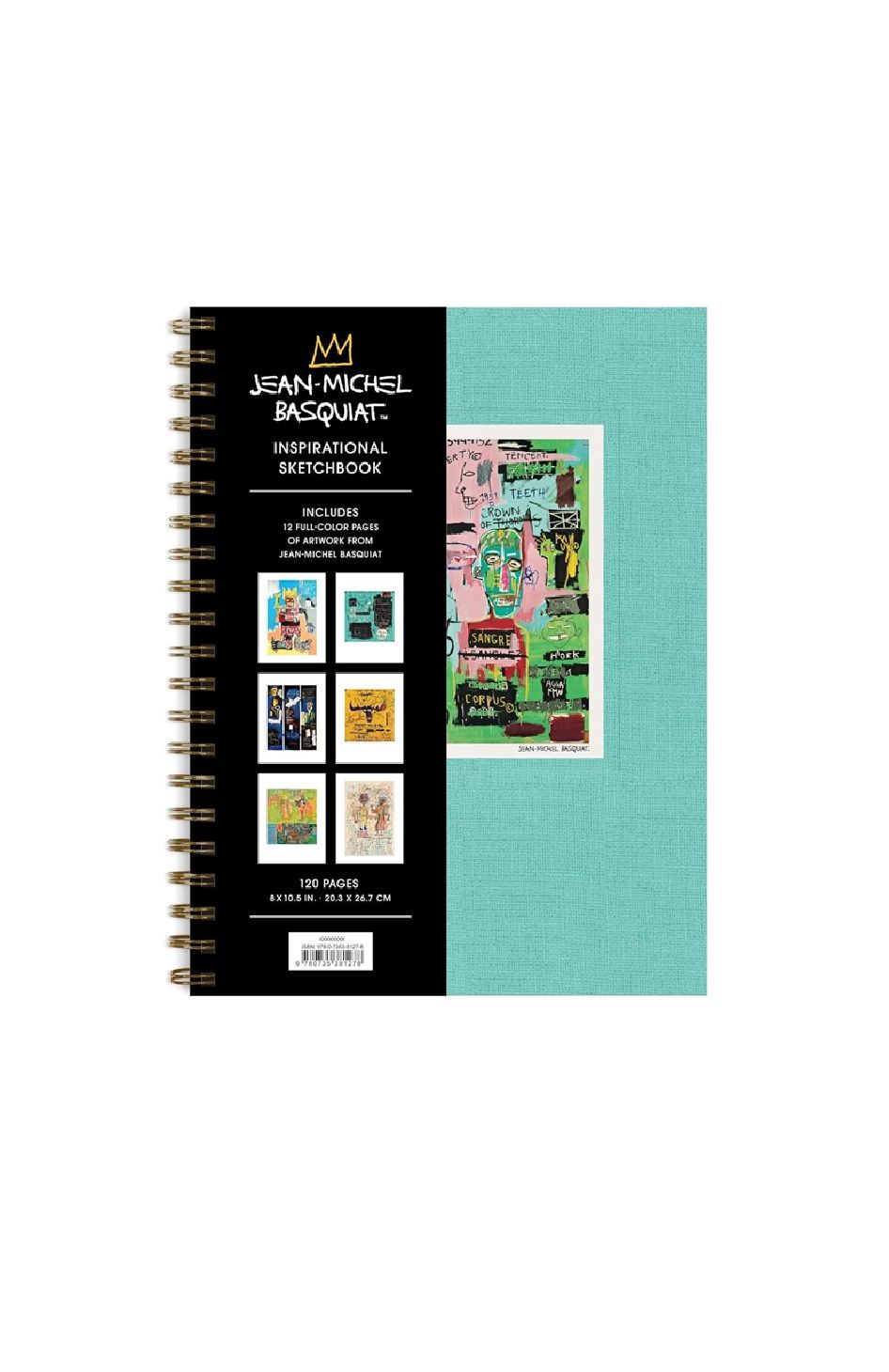 Jean-Michel Basquiat sketchbook, turquoise front cover with black spine and collage art