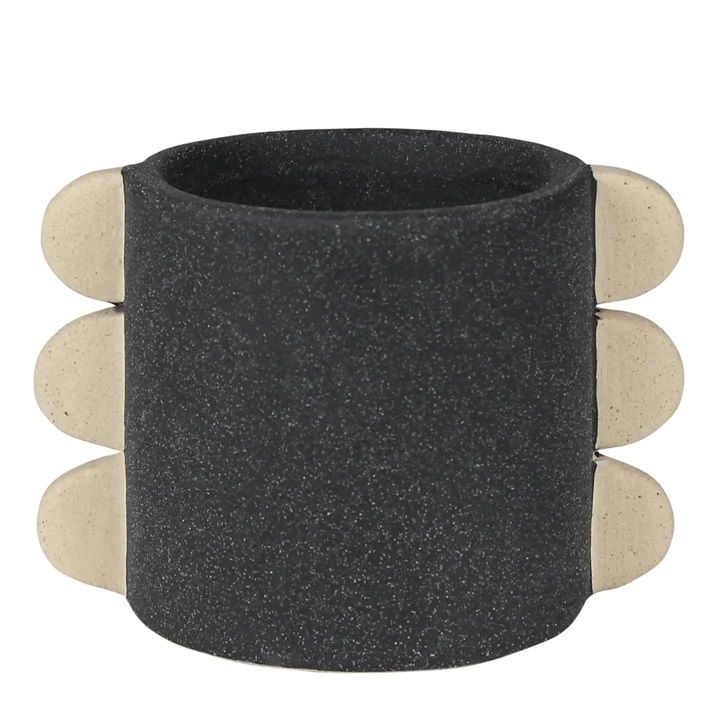 Large dark speckled ceramic cachepot with three side ear accents and round rim