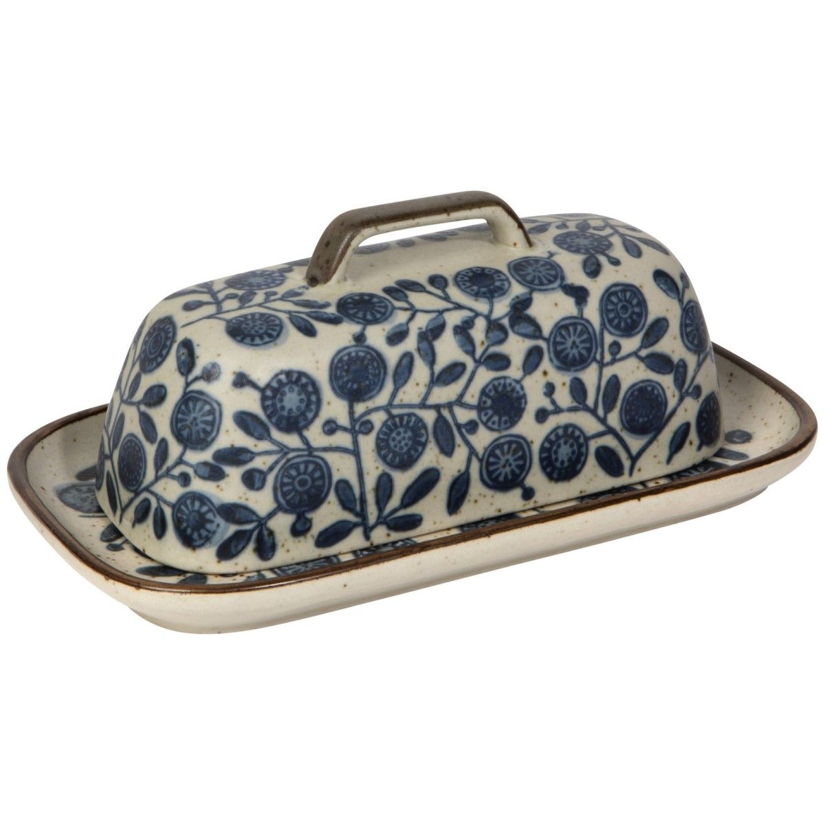 Ceramic butter dish with blue botanical pattern, hinged lid and base tray