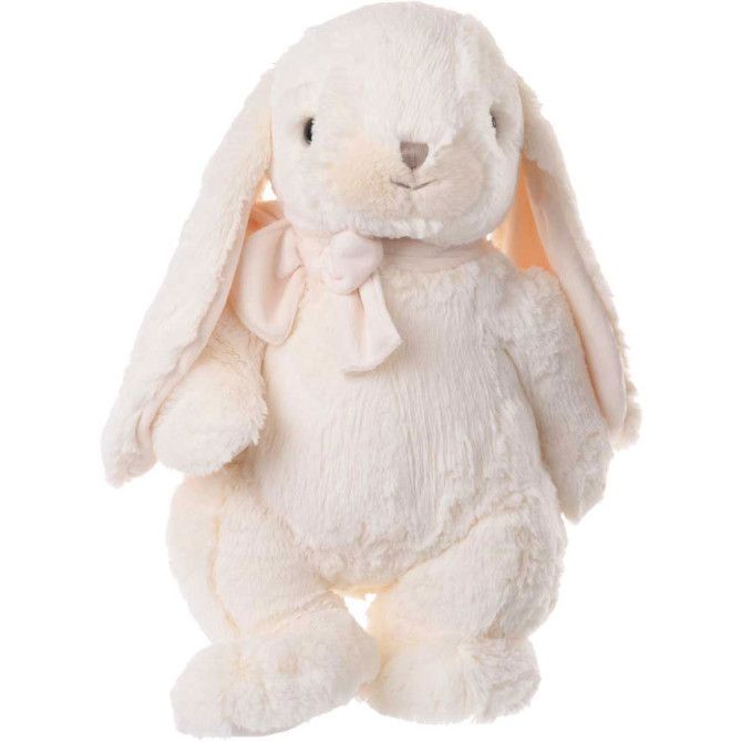 Cream plush rabbit with floppy ears and stitched face, soft body holding paws
