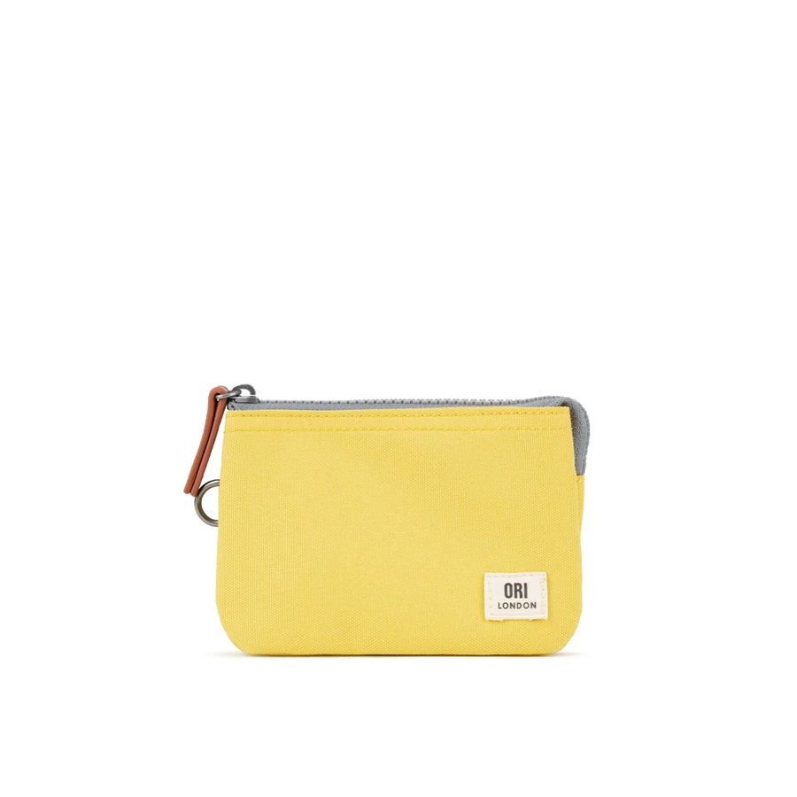 Small yellow canvas zip pouch with ORI LONDON label and metal zipper pull