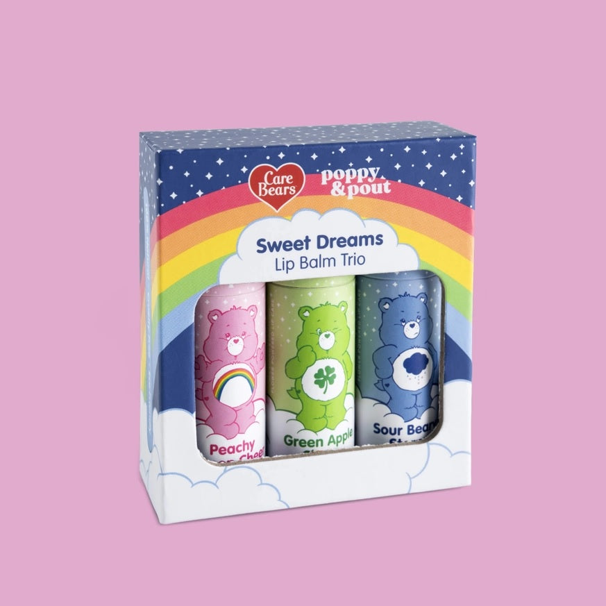 Lip balm trio gift box with three bear-themed tubes: Peachy, Green Apple, Sour Berry
