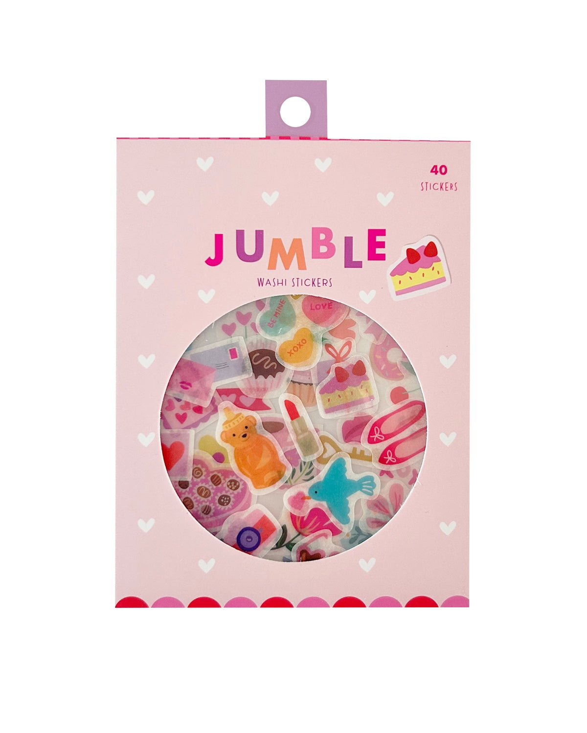 Pink washi sticker pack with round window showing mixed love stickers; 40 stickers noted