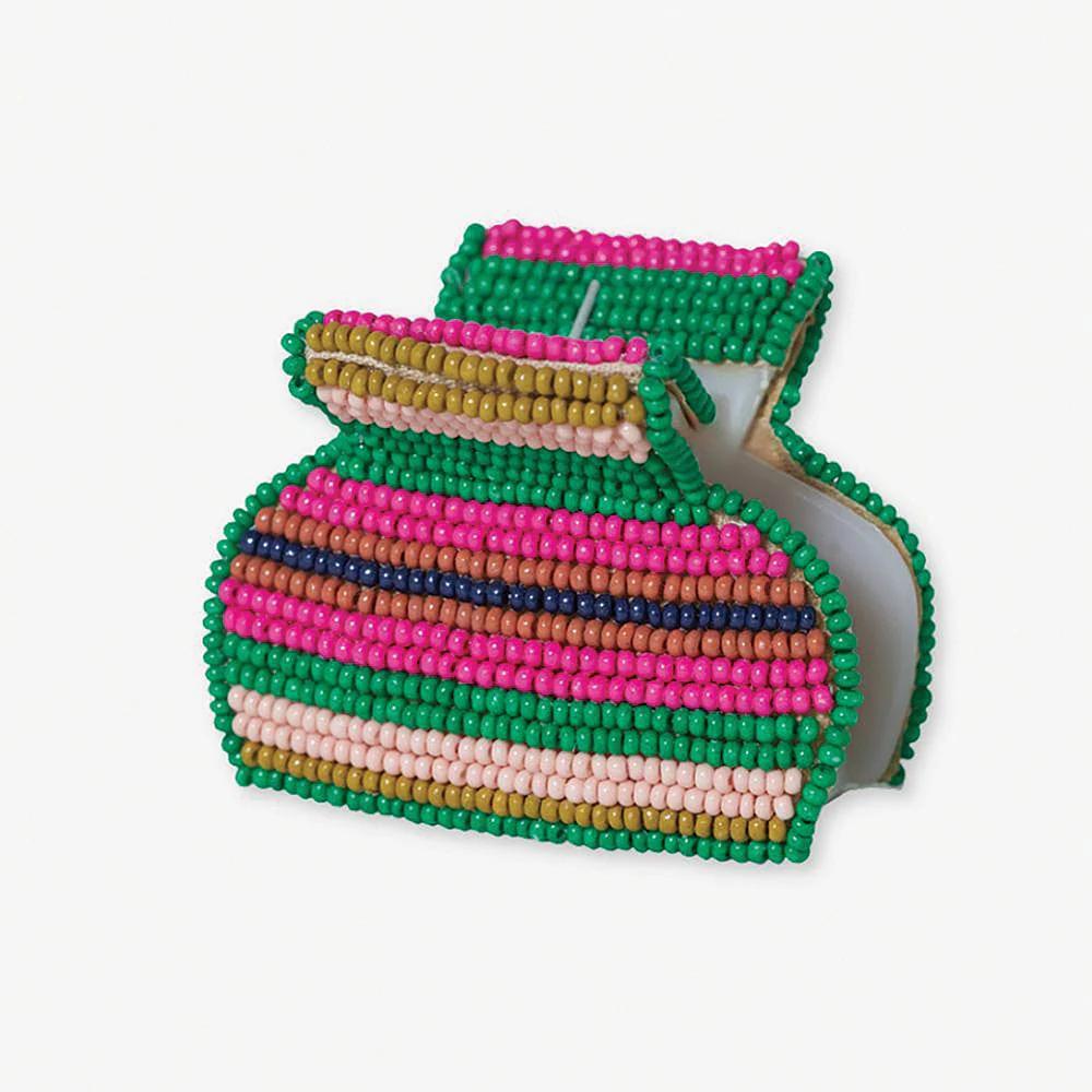 Beaded hair claw with green, pink, and striped bead rows and small gold clasp