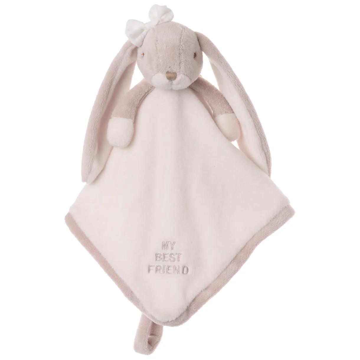 Plush bunny blankie security blanket with soft fabric, stitched ears, and taupe trim