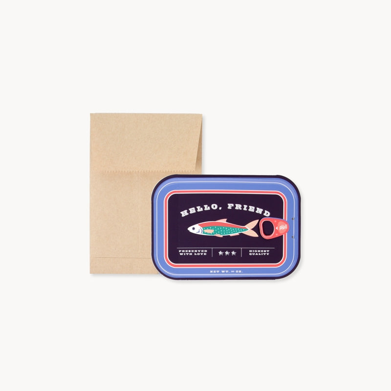 Sardine pop-up greeting card with blue tin-style cover and sardine illustration, plus kraft envelope