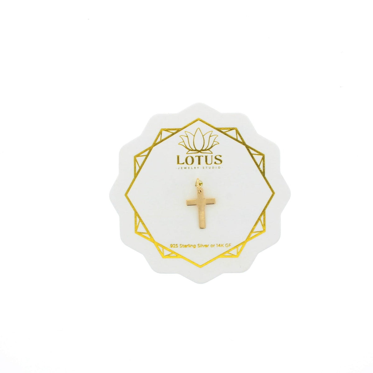 Gold cross charm in a white tag with LOTUS branding and 925 text