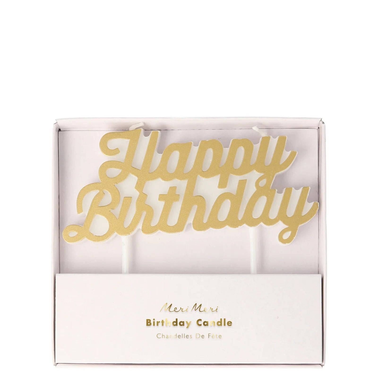Gold “Happy Birthday” candle in a white gift box