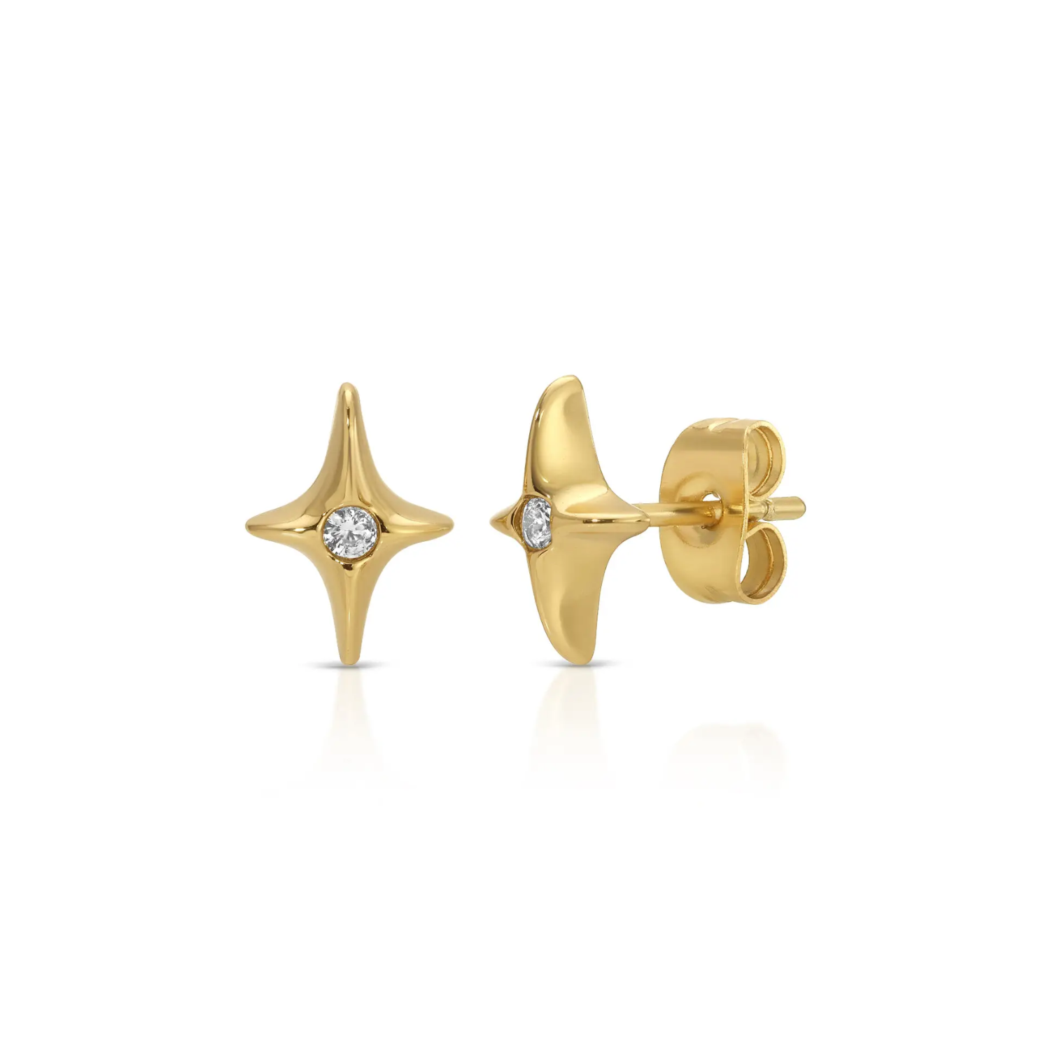 Gold star stud earrings with round crystal center; matching pair with posts visible.