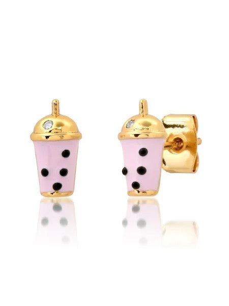 Gold-tone lilac enamel boba stud earrings with black dot details, post backs
