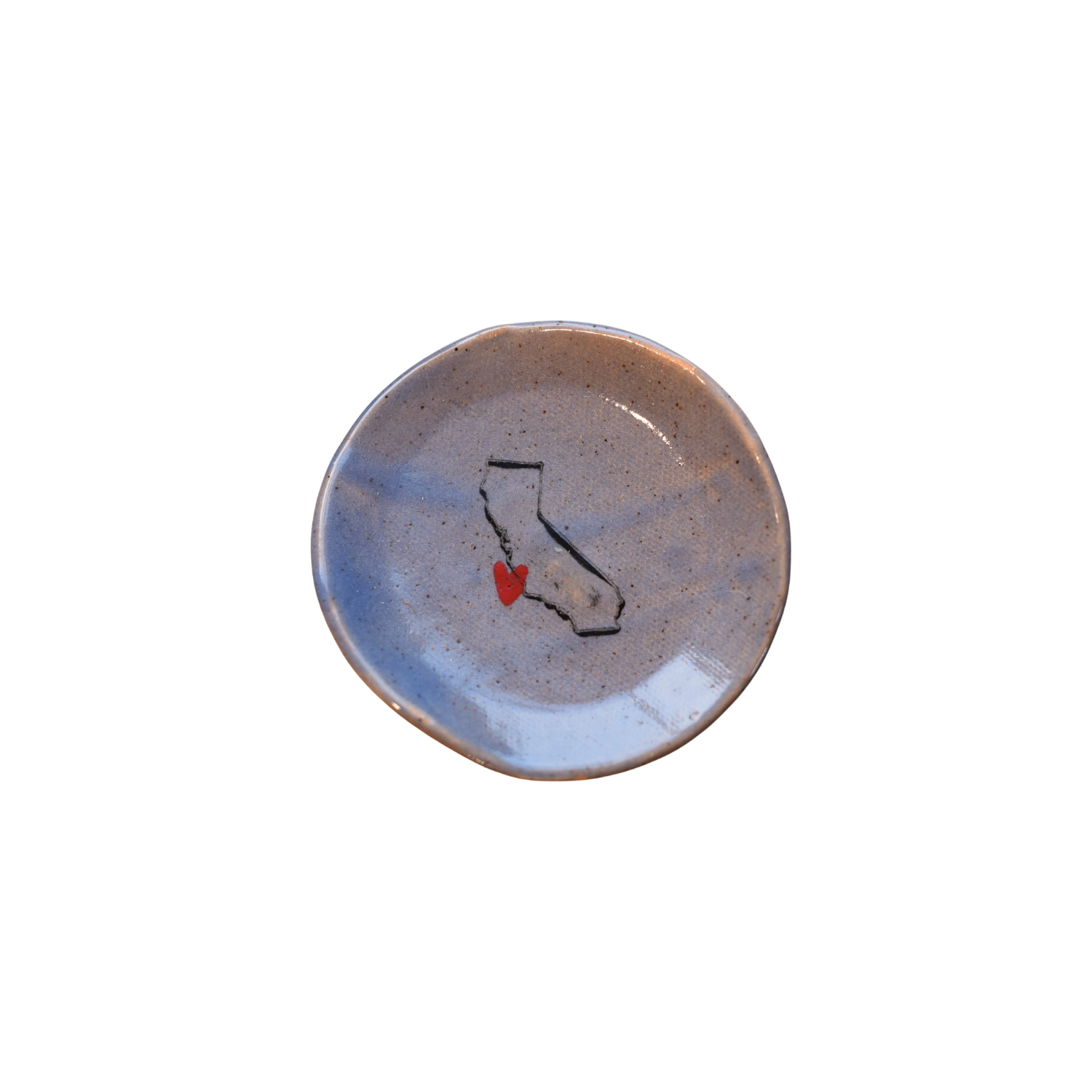 Mini ceramic plate with blue speckled glaze; California outline and red heart design