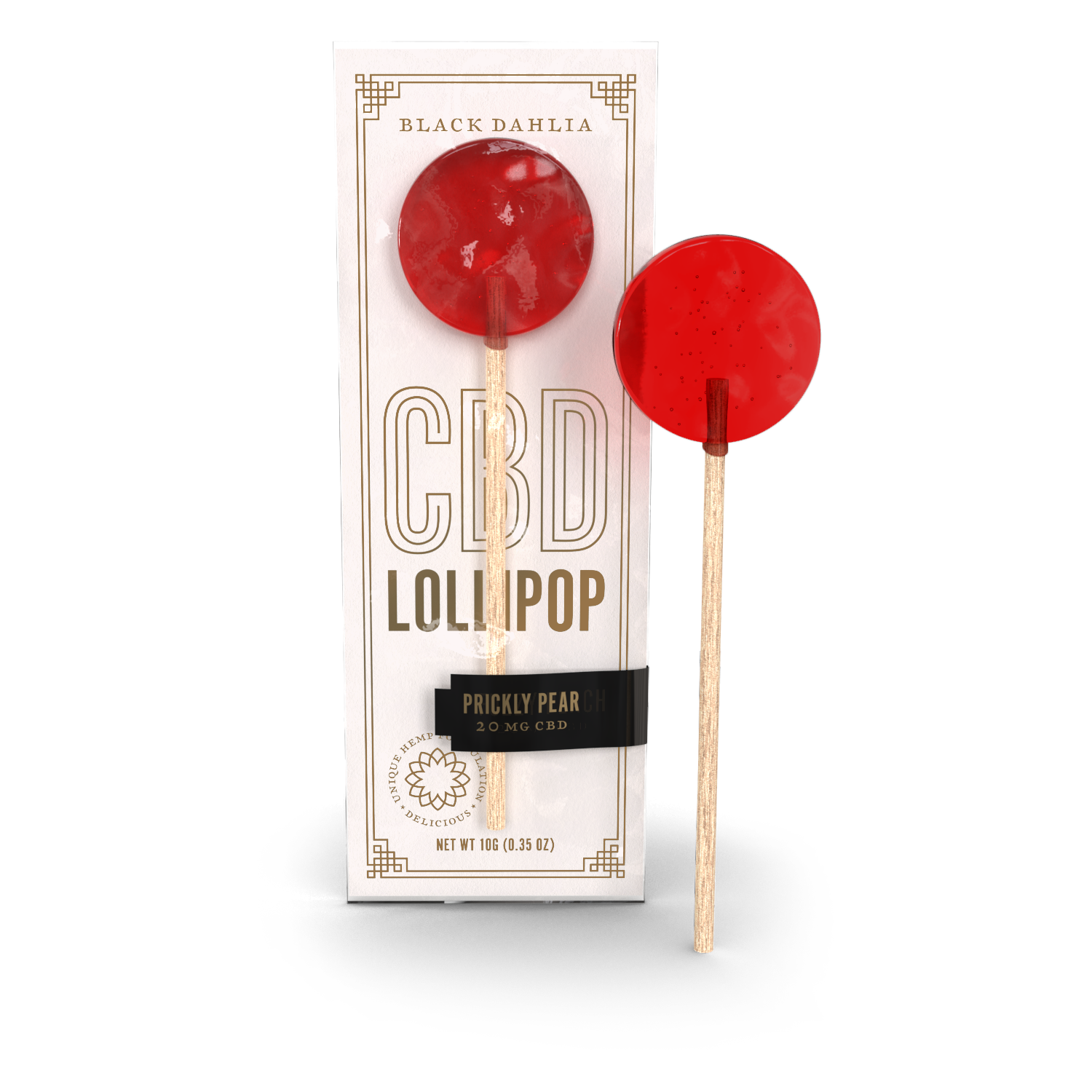 CBD lollipop in box with red prickly pear hard candy on wooden stick