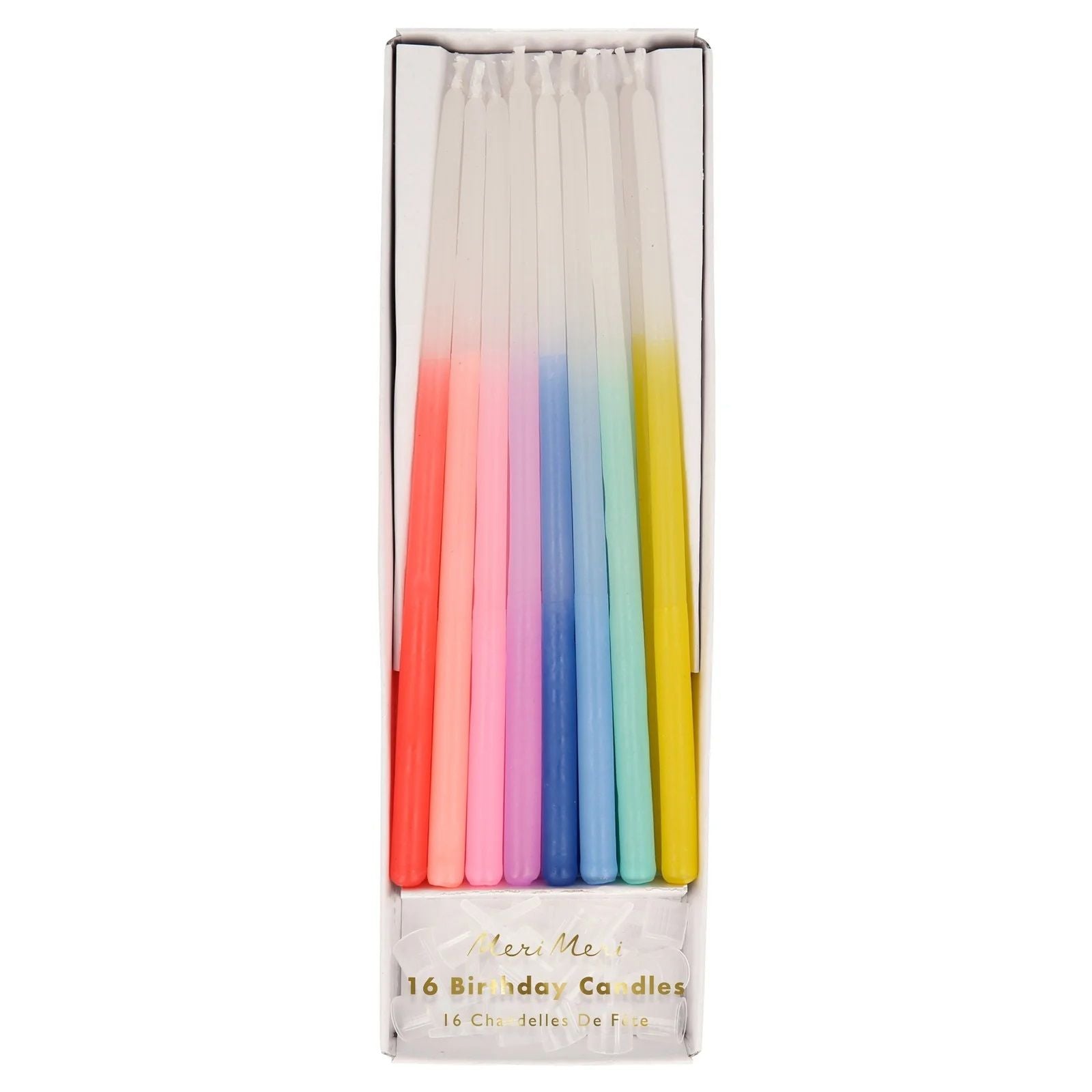 Rainbow dipped tapered birthday candles, set of 16, in clear box