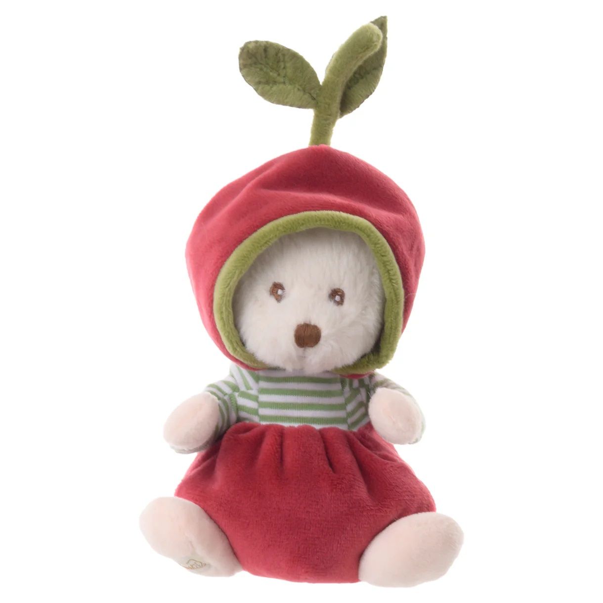 Red plush cherry doll with green leaf top, white face, striped shirt and hood