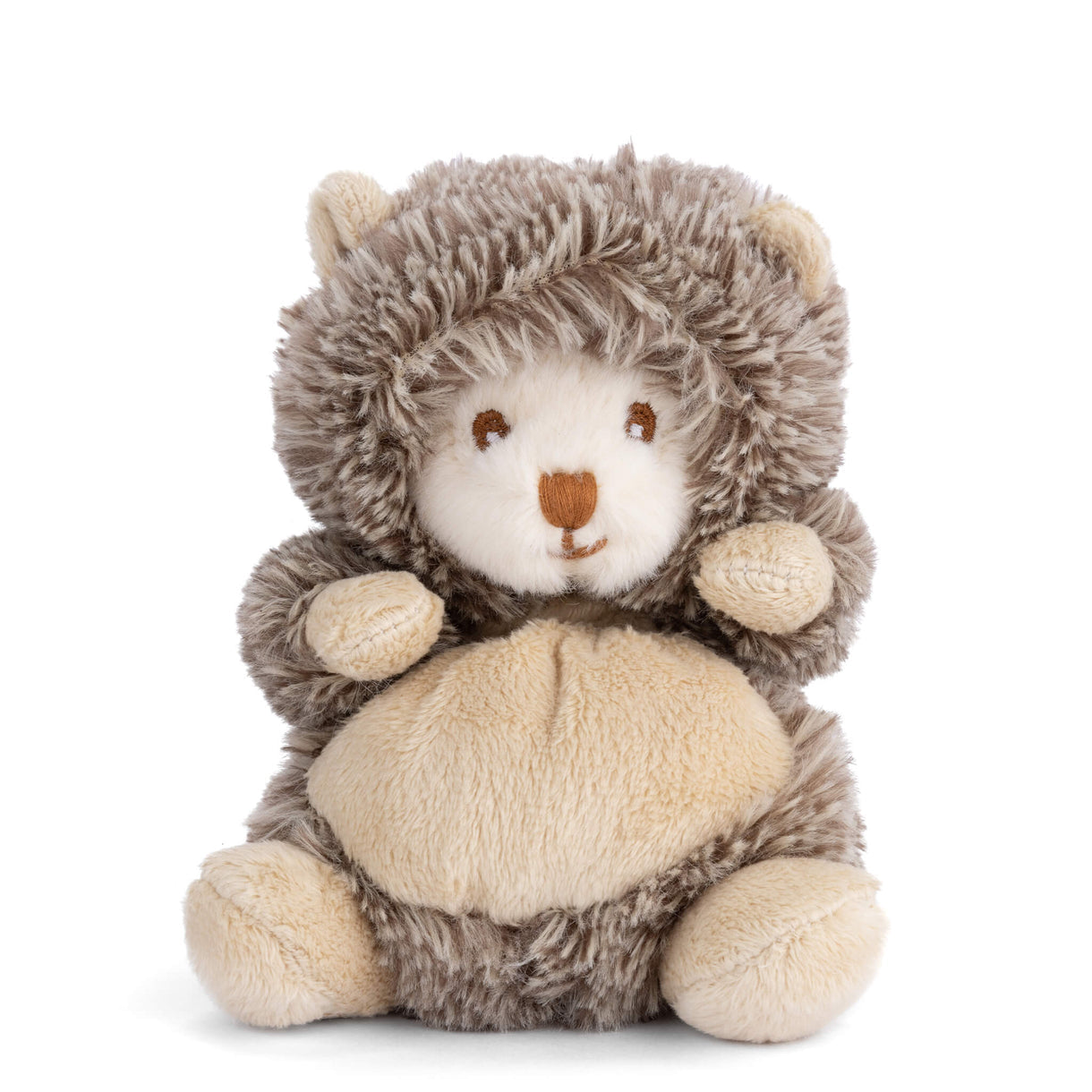 Hedgehog plush toy, front seated pose, gray-brown shag fur with cream face