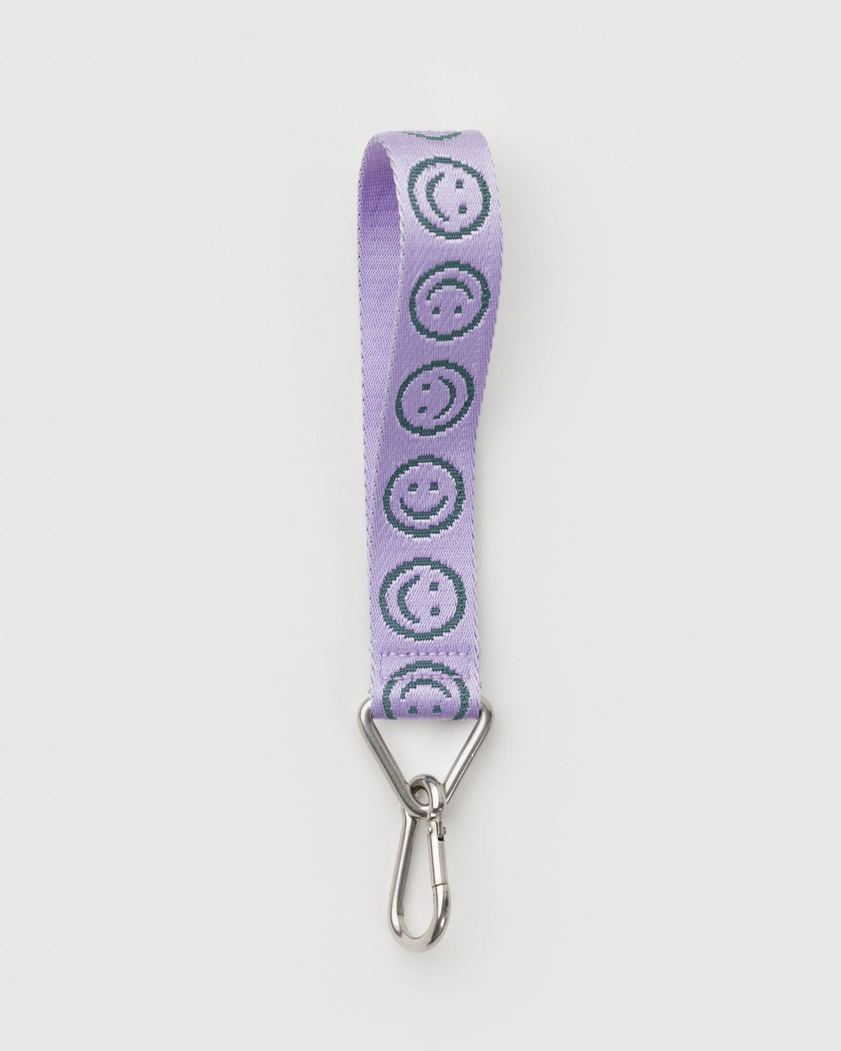 Lilac strap keychain with repeating smiley logo and key ring