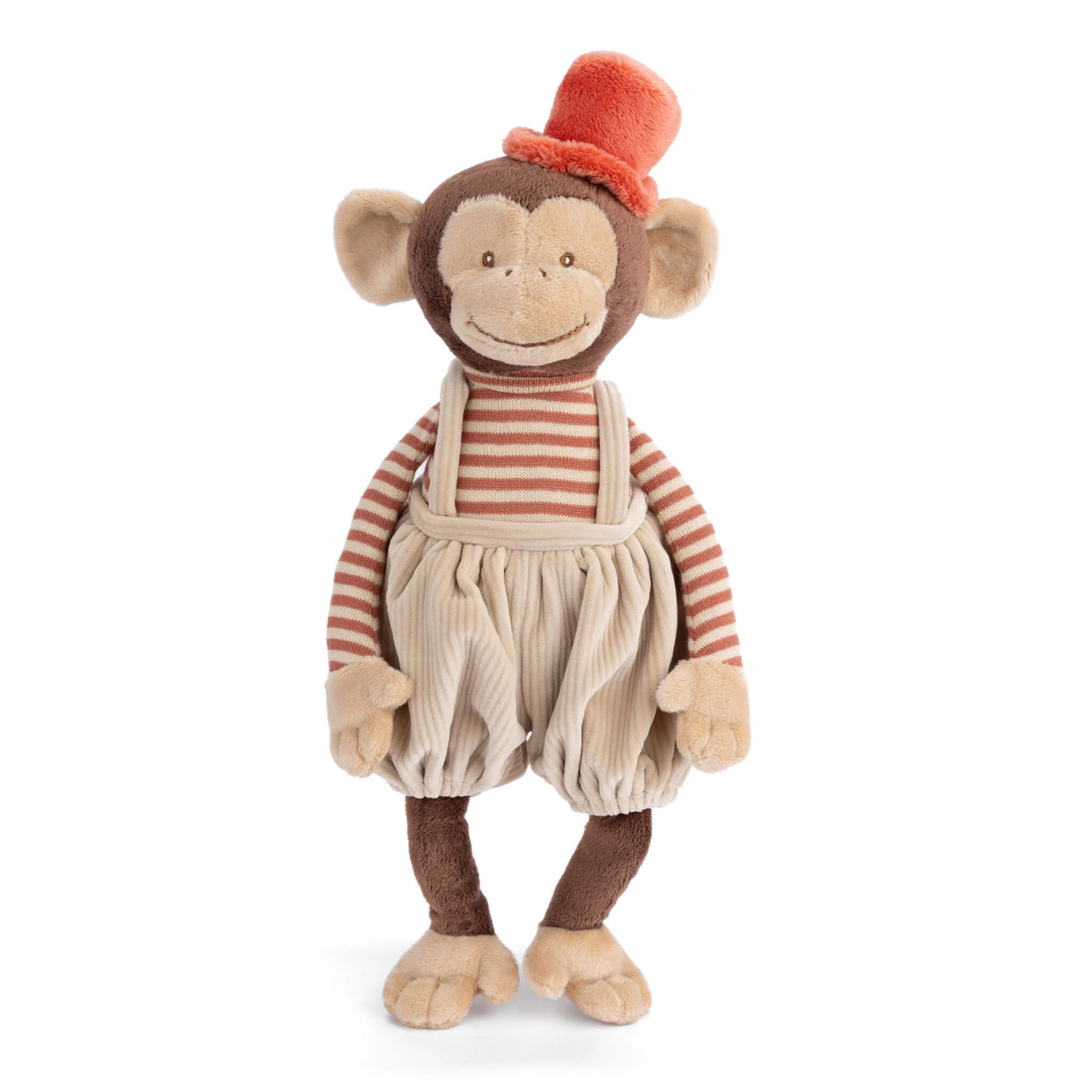 Plush monkey toy with orange cap, striped shirt, cream overalls, and tan feet