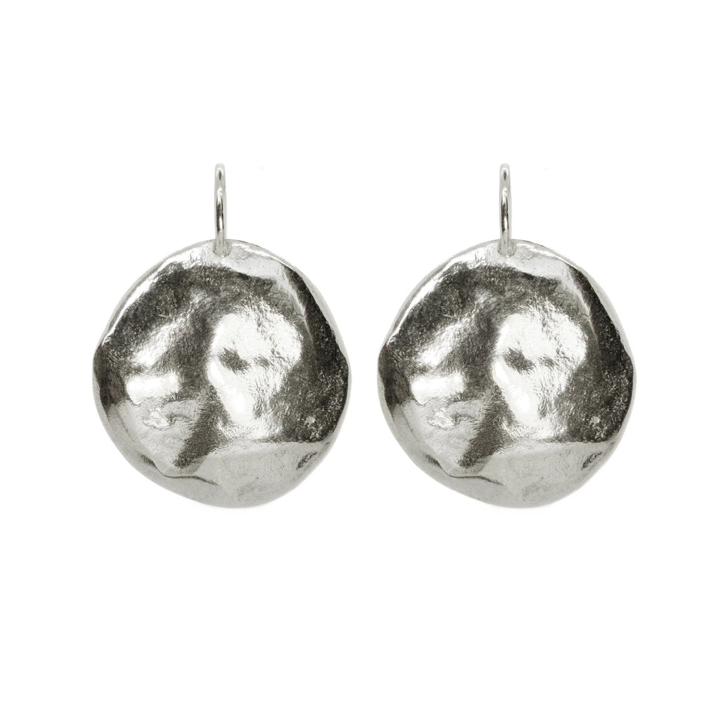 Silver round hammered hook earrings with textured face