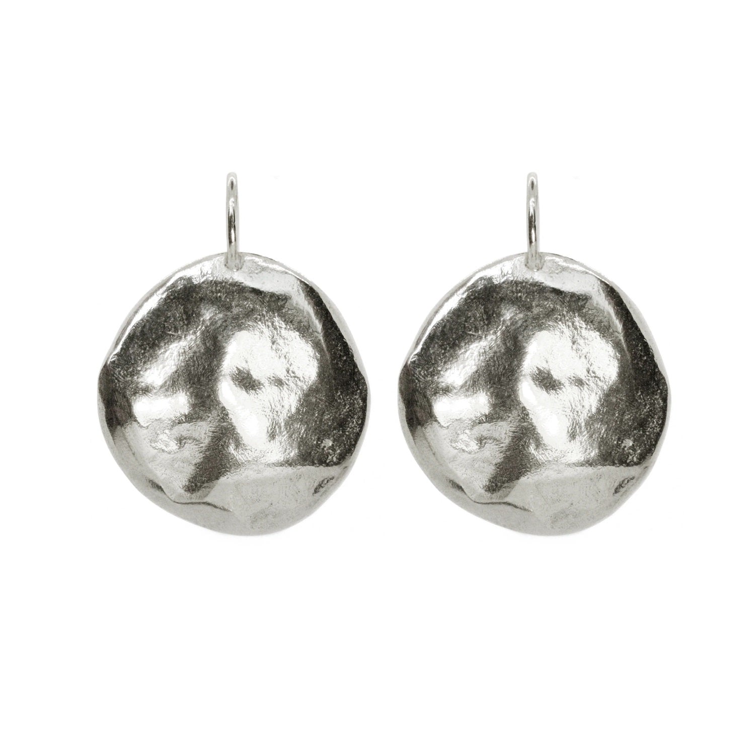 Silver round hammered hook earrings with textured face
