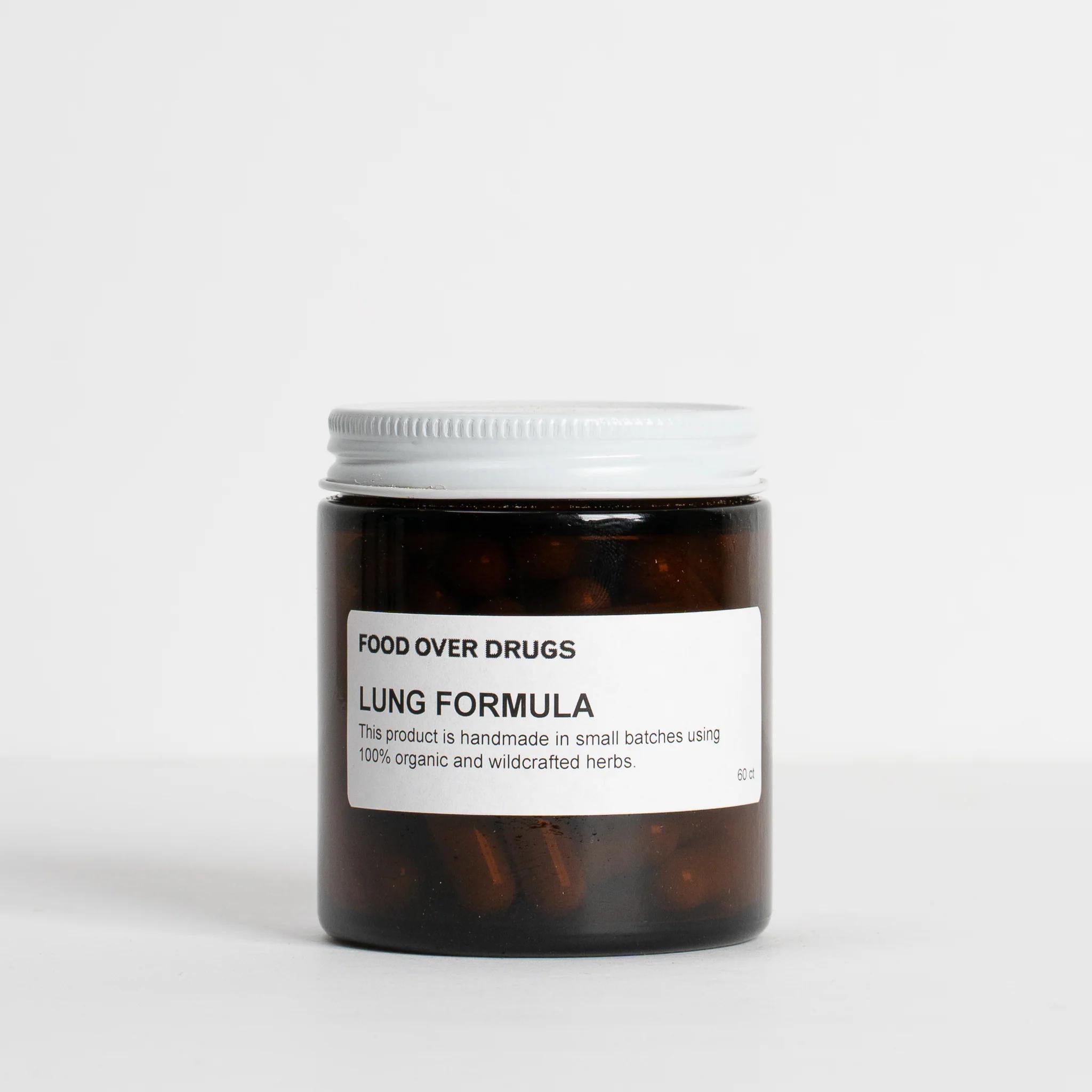 Lung Formula herbal supplement jar with white label and dark brown capsules