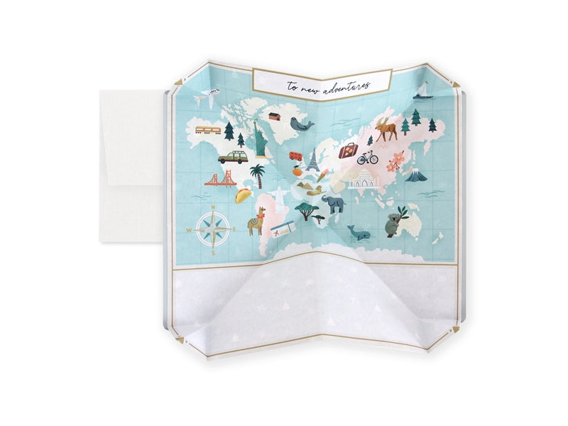 Open pop-up passport card with teal travel collage and 'To my next destinations' header.
