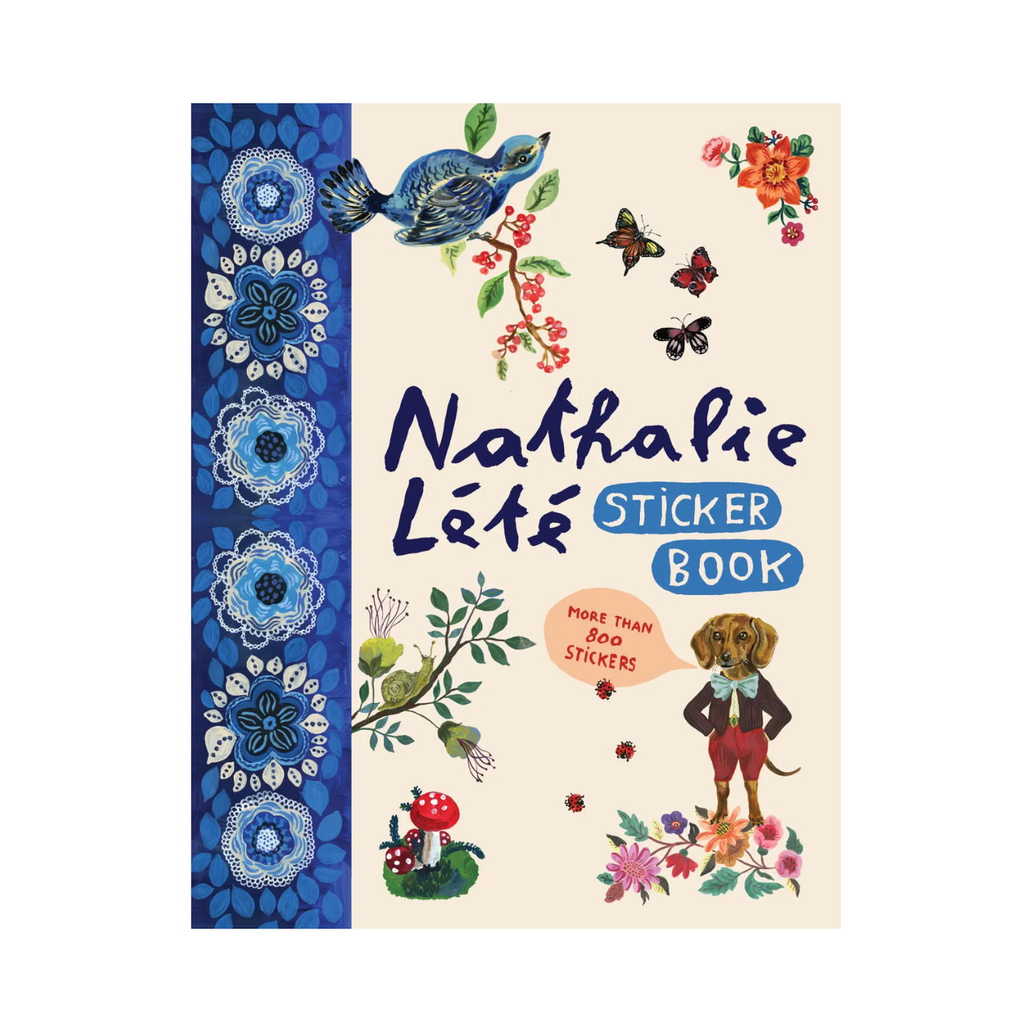 Nathalie Lété sticker book cover with birds, flowers, butterflies, and a dog