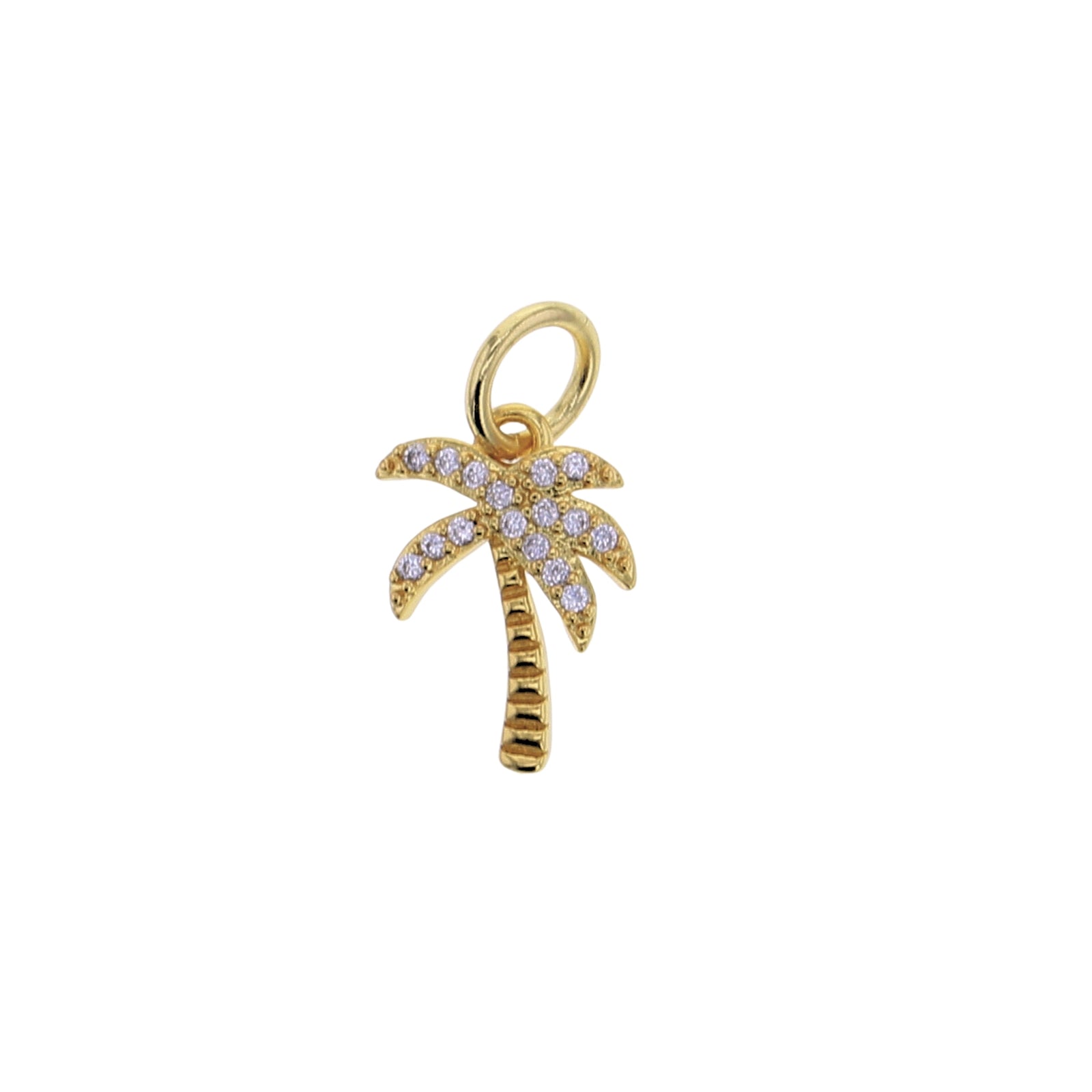 Gold palm tree charm with round ring loop and purple crystal tree details